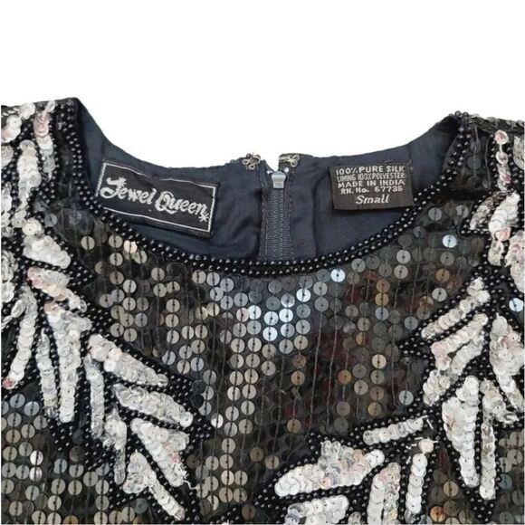 Vintage 80s Jewel Queen 100% Silk Beaded and Sequin Cut Out Hem Evening Top Sz S - Picture 7 of 9